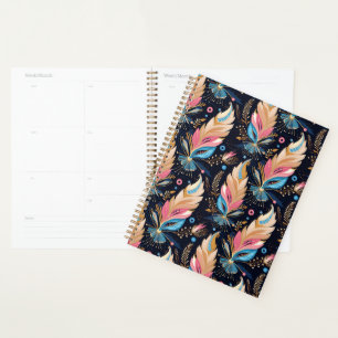 Elegant Watercolor Feathers Navy Blue Pink And Tea Planner