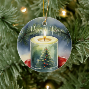 Elegant Watercolor Festive Christmas Tree Candle Ceramic Ornament