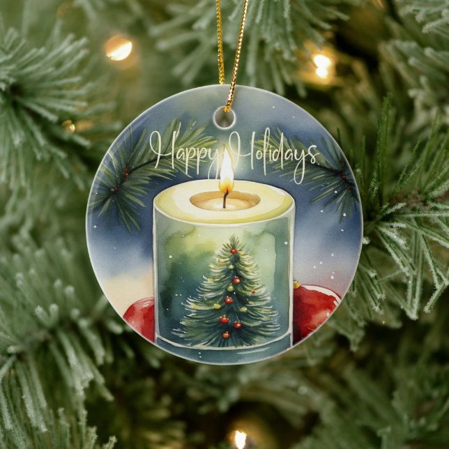 Elegant Watercolor Festive Christmas Tree Candle  Ceramic Ornament (Tree)