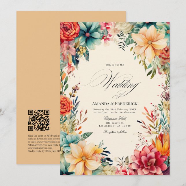 Elegant Watercolor Fiesta Wedding with QR Code Invitation (Front/Back)