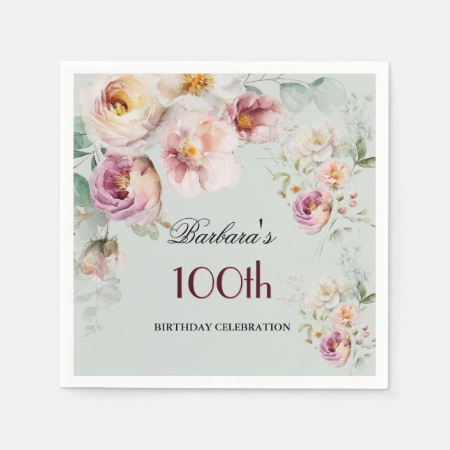 Elegant Watercolor Floral 100th Birthday Party  Napkin (Front)