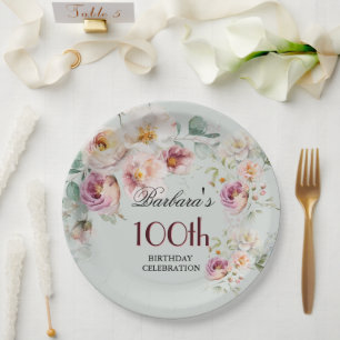 *Elegant Watercolor Floral 100th Birthday Party Paper Plate