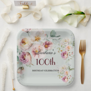 Elegant Watercolor Floral 100th Birthday Party Paper Plate