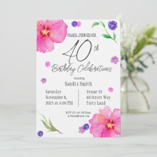 Elegant Watercolor Floral 40th Birthday Invitation