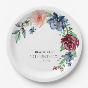 Elegant Watercolor Floral 40th Birthday Paper Plate