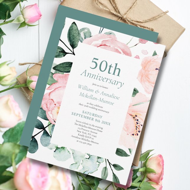 Elegant Watercolor Floral 50th Wedding Anniversary Invitation (Creator Uploaded)