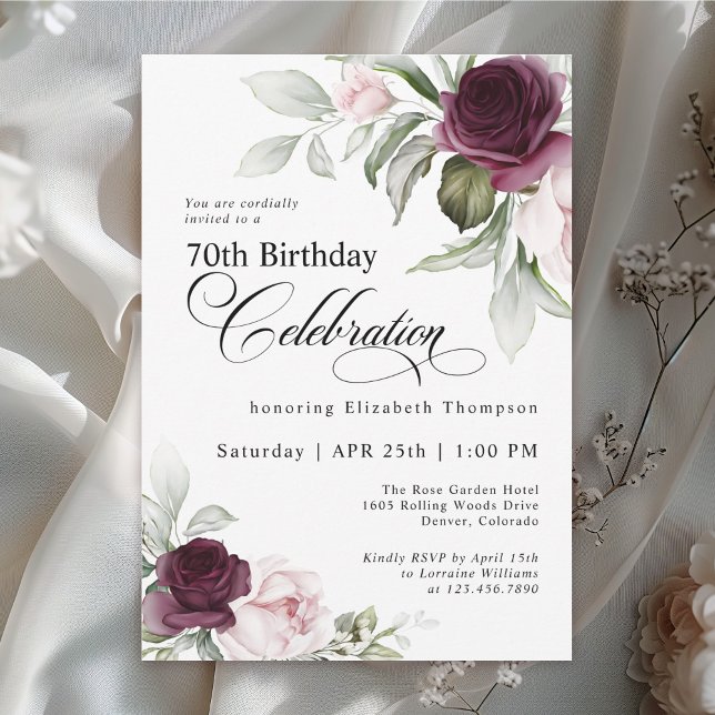 Elegant Watercolor Floral 70th Birthday Invitation (Creator Uploaded)