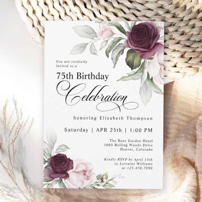 Elegant Watercolor Floral 75th Birthday Invitation (Available in both printed and instant download digital formats.)