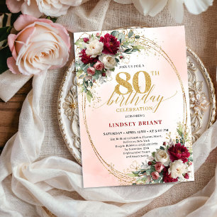 Elegant Watercolor Floral 80th Birthday Gold  Invitation