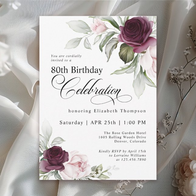 Elegant Watercolor Floral 80th Birthday Invitation (Available in both printed and instant download digital formats.)