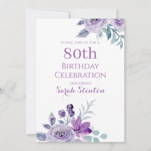 Elegant Watercolor Floral 80th Birthday Invitation