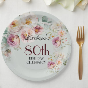 Elegant Watercolor Floral 80th Birthday Party Paper Plate