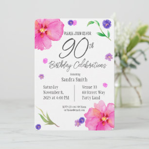 Elegant Watercolor Floral 90th Birthday Invitation
