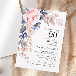 Elegant Watercolor Floral 90th Birthday Party Invitation