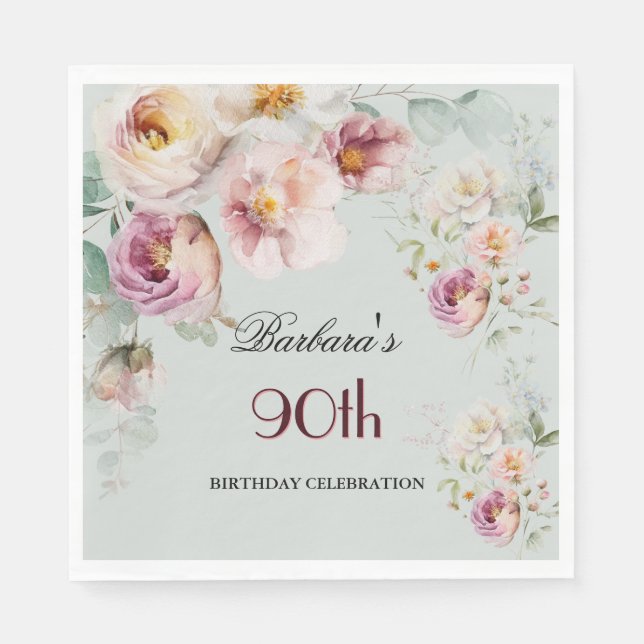 Elegant Watercolor Floral 90th Birthday Party  Napkin (Front)