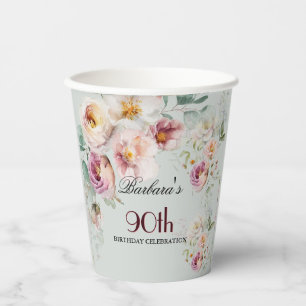 Elegant Watercolor Floral 90th Birthday Party Paper Cups