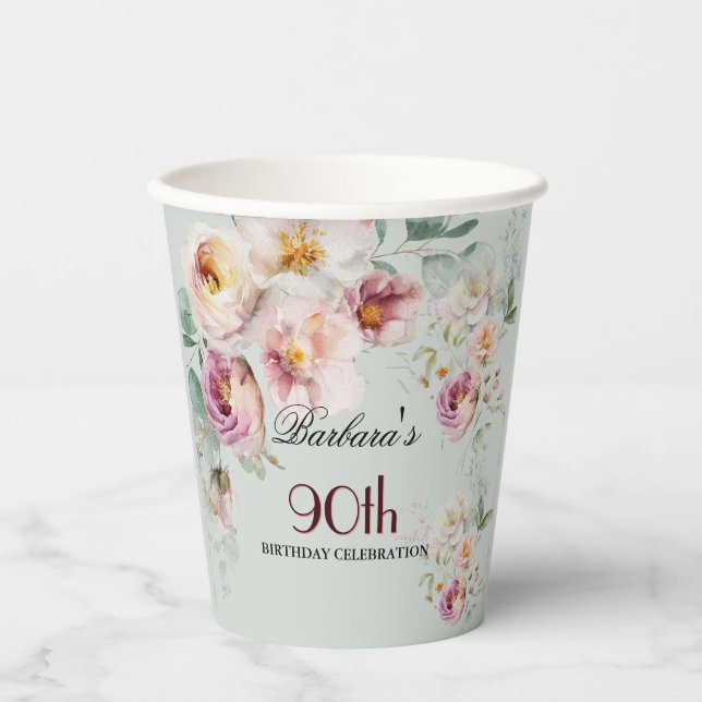 Elegant Watercolor Floral 90th Birthday Party  Paper Cups (Front)