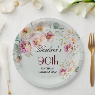 *Elegant Watercolor Floral 90th Birthday Party Paper Plate