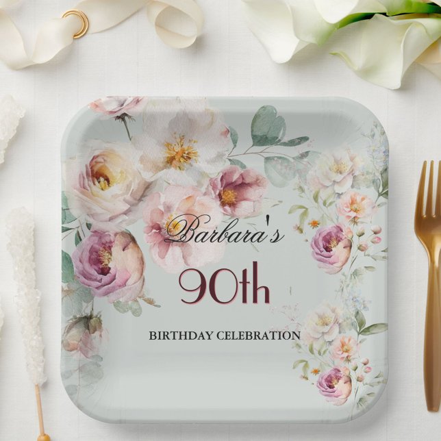 Elegant Watercolor Floral 90th Birthday Party  Paper Plate (Creator Uploaded)
