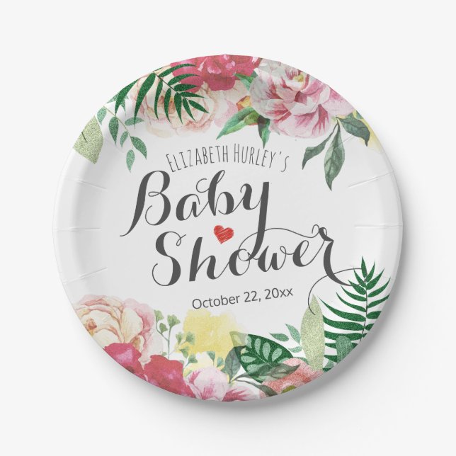 Elegant Watercolor Floral Baby / Bridal Shower Paper Plate (Front)