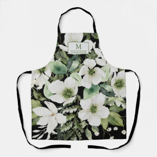 Elegant watercolor floral black and white   apron
