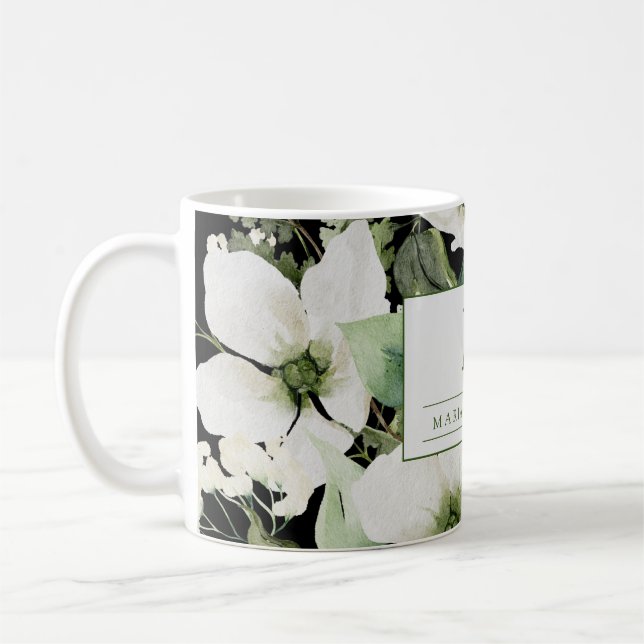 Elegant watercolor floral black and white   coffee mug (Left)
