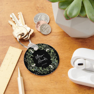 Elegant watercolor floral black and white key ring