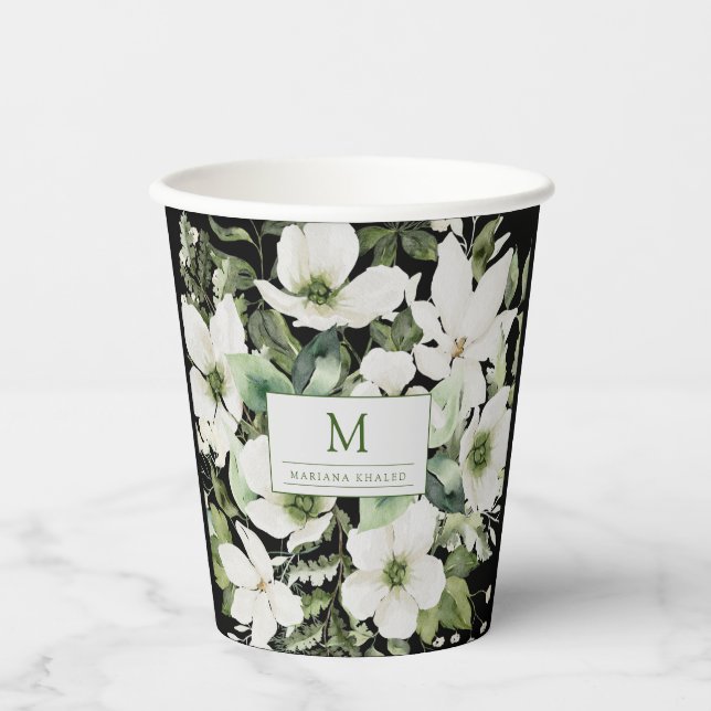 Elegant watercolor floral black and white  paper cups (Front)