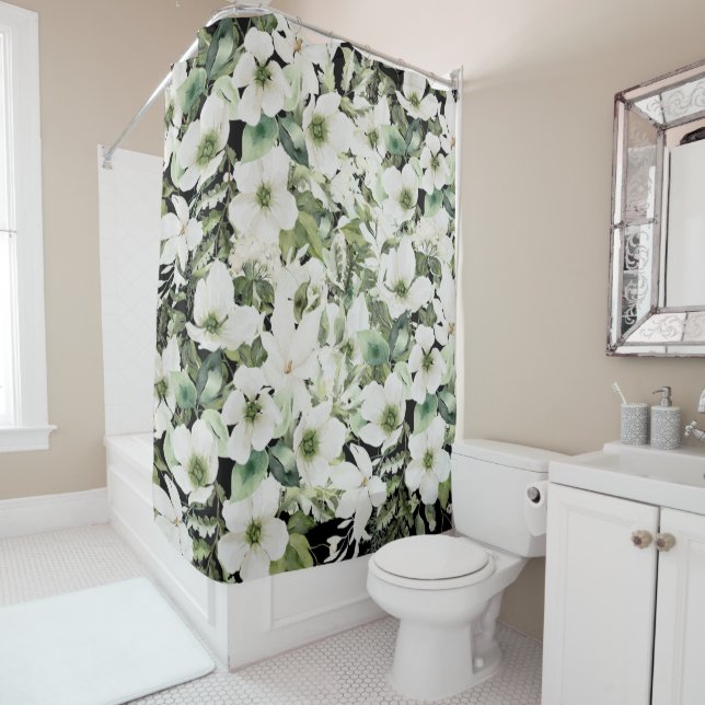Elegant watercolor floral black and white   shower curtain (In Situ)