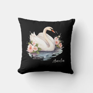 Elegant Watercolor Floral Black Swan Daughter name Cushion