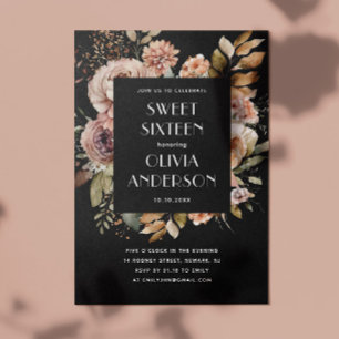 Elegant watercolor floral black Sweet 16 sixteen Invitation
