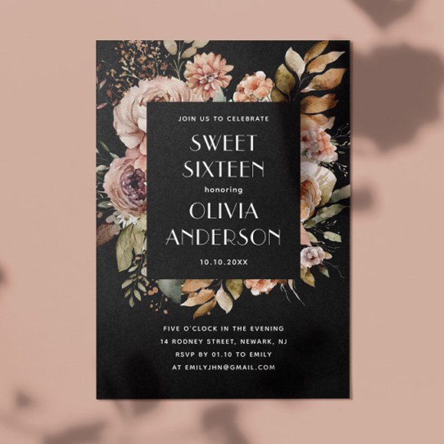 Elegant watercolor floral black Sweet 16 sixteen Invitation (Creator Uploaded)