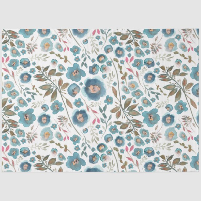 Elegant Watercolor Floral Blue Brown Tissue Paper (Front)