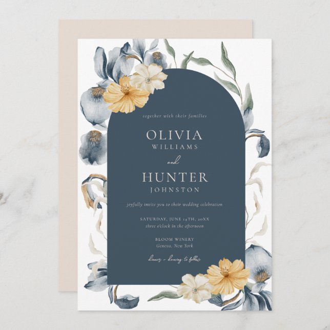 Elegant Watercolor Floral Blue Wedding Invitation (Front/Back)