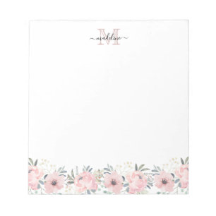 Elegant Watercolor Floral Blush Pink Monogram Notepad