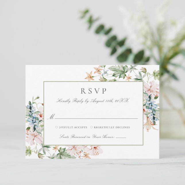Elegant Watercolor Floral Border Wedding RSVP Card (Standing Front)