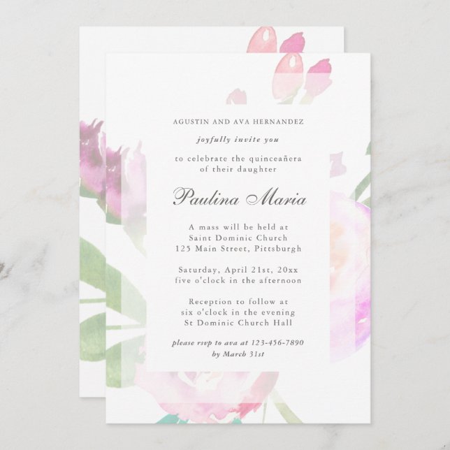 Elegant Watercolor Floral Bouquet Quinceañera Invitation (Front/Back)
