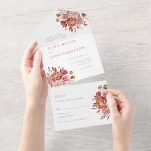 Elegant Watercolor Floral Bouquet Wedding All In One Invitation