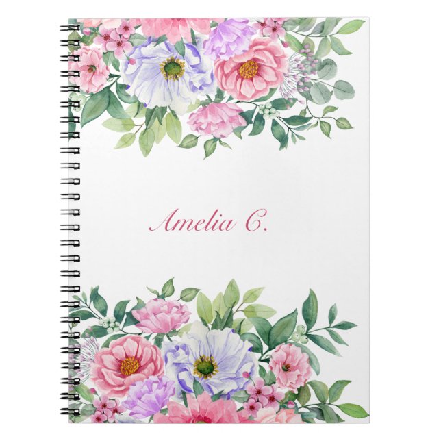 Elegant Watercolor Floral Bouquet White Notebook (Front)