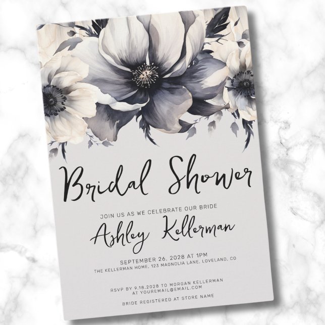 Elegant Watercolor Floral Bridal Shower Invitation (Chic Watercolor Elegant Floral Gray Bridal Shower Invitation)