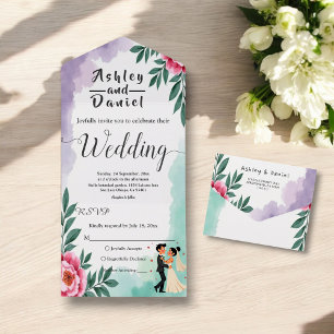 Elegant Watercolor Floral Bride And Groom Wedding All In One Invitation