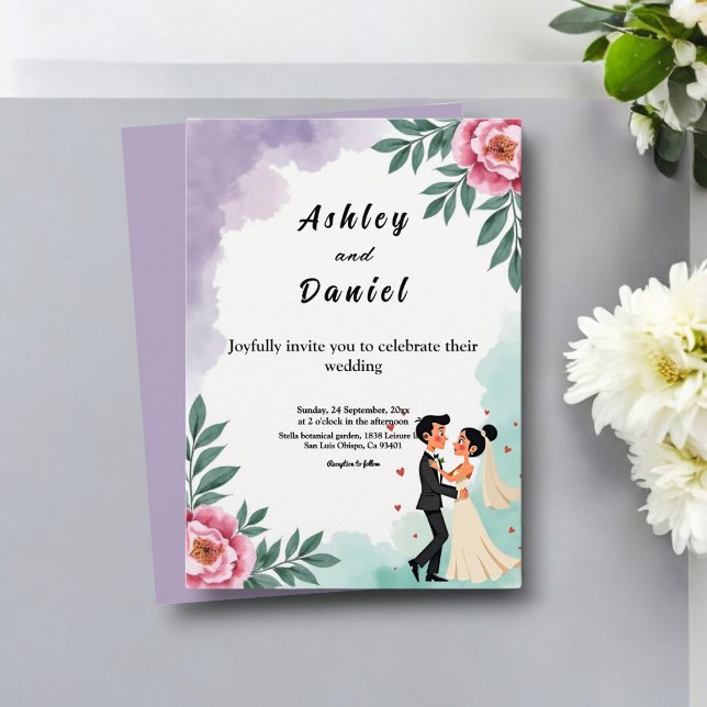 Elegant Watercolor Floral Bride And Groom Wedding Invitation (Creator Uploaded)