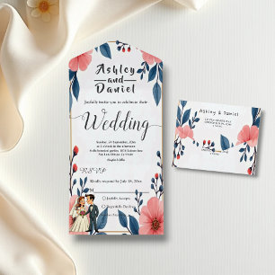 Elegant Watercolor Floral Bride Groom Chic Wedding All In One Invitation