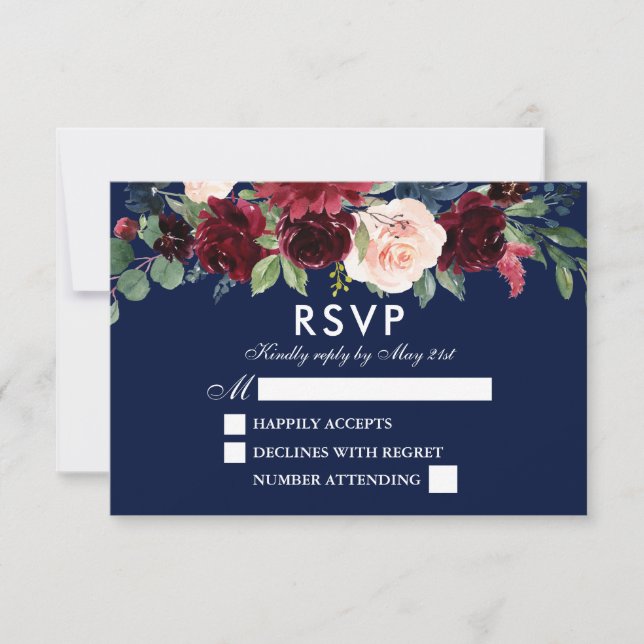 Elegant Watercolor Floral Burgundy Blue Wedding RSVP Card (Front)