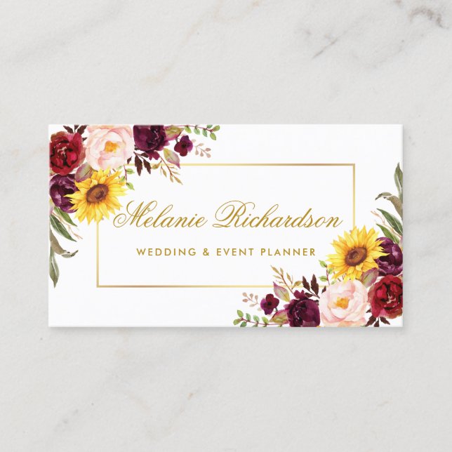 Elegant Watercolor Floral Burgundy Sunflowers Gold Business Card (Front)