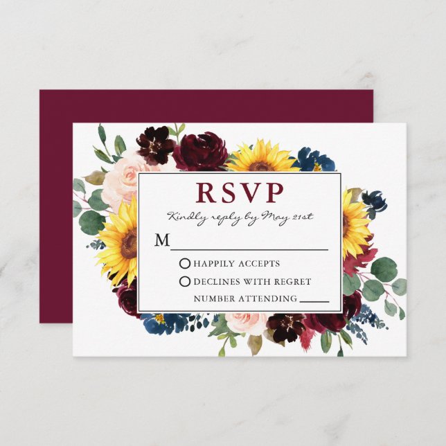 Elegant Watercolor Floral Burgundy Wedding RSVP (Front/Back)