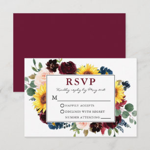Elegant Watercolor Floral Burgundy Wedding RSVP Card