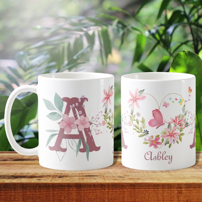 Elegant Watercolor Floral Butterfly Monogram A Coffee Mug (Creator Uploaded)