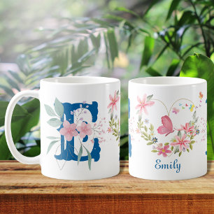 Elegant Watercolor Floral Butterfly Monogram E Coffee Mug
