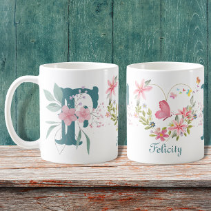 Elegant Watercolor Floral Butterfly Monogram F Coffee Mug